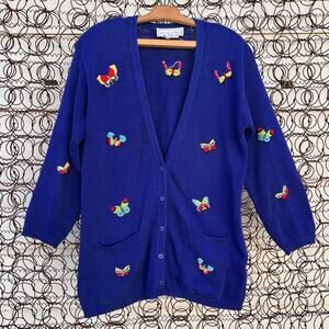 Vintage Adrienne Vittadini blue knit cardigan sweater embroidered butterflies